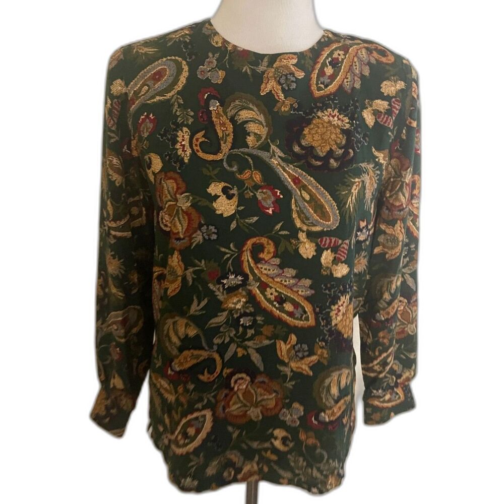 Vintage Alfred Dunner Autumn Leaves Black & Brown L/S Top Made in USA Size 8P